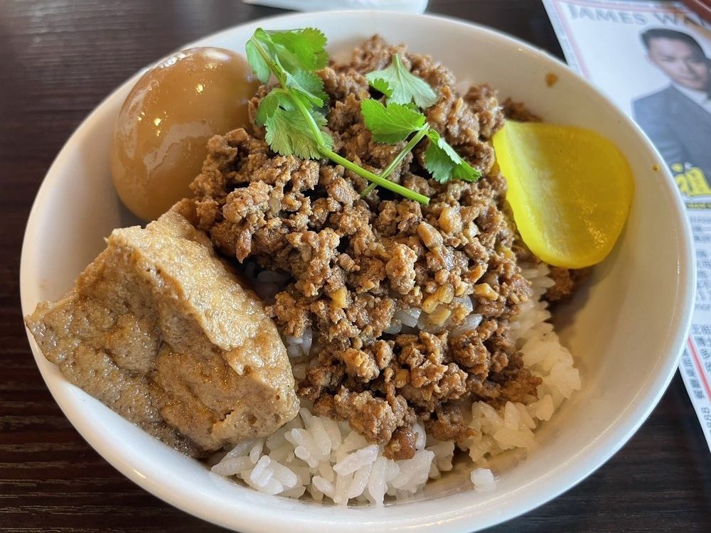 Taiwanese braised pork rice with egg and tofu at Cafe 101, a Chines Taiwanese Restaurant in Diamond Bar