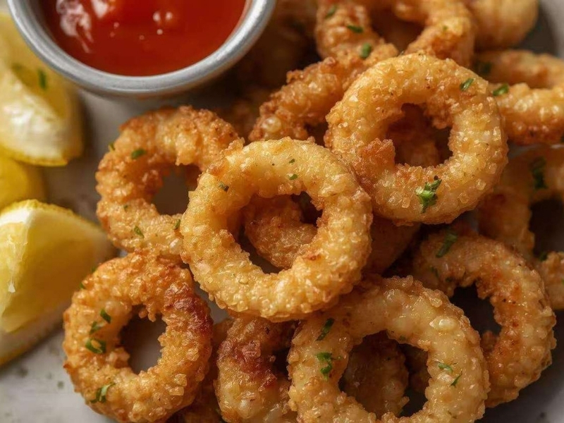 Crispy fried calamari rings with lemon and ketchup at 101 Crab, a Seafood Restaurant in Santa Maria