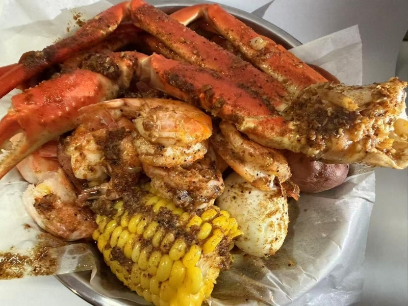 Mixed seafood boil with crab legs, shrimp, corn and potato at 101 Crab, a Seafood Restaurant in Santa Maria