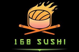 Logo of 168 Sushi with a flaming sushi roll and chopsticks at 168 Sushi & Kitchen, a Sushi Restaurant in Fairhaven.