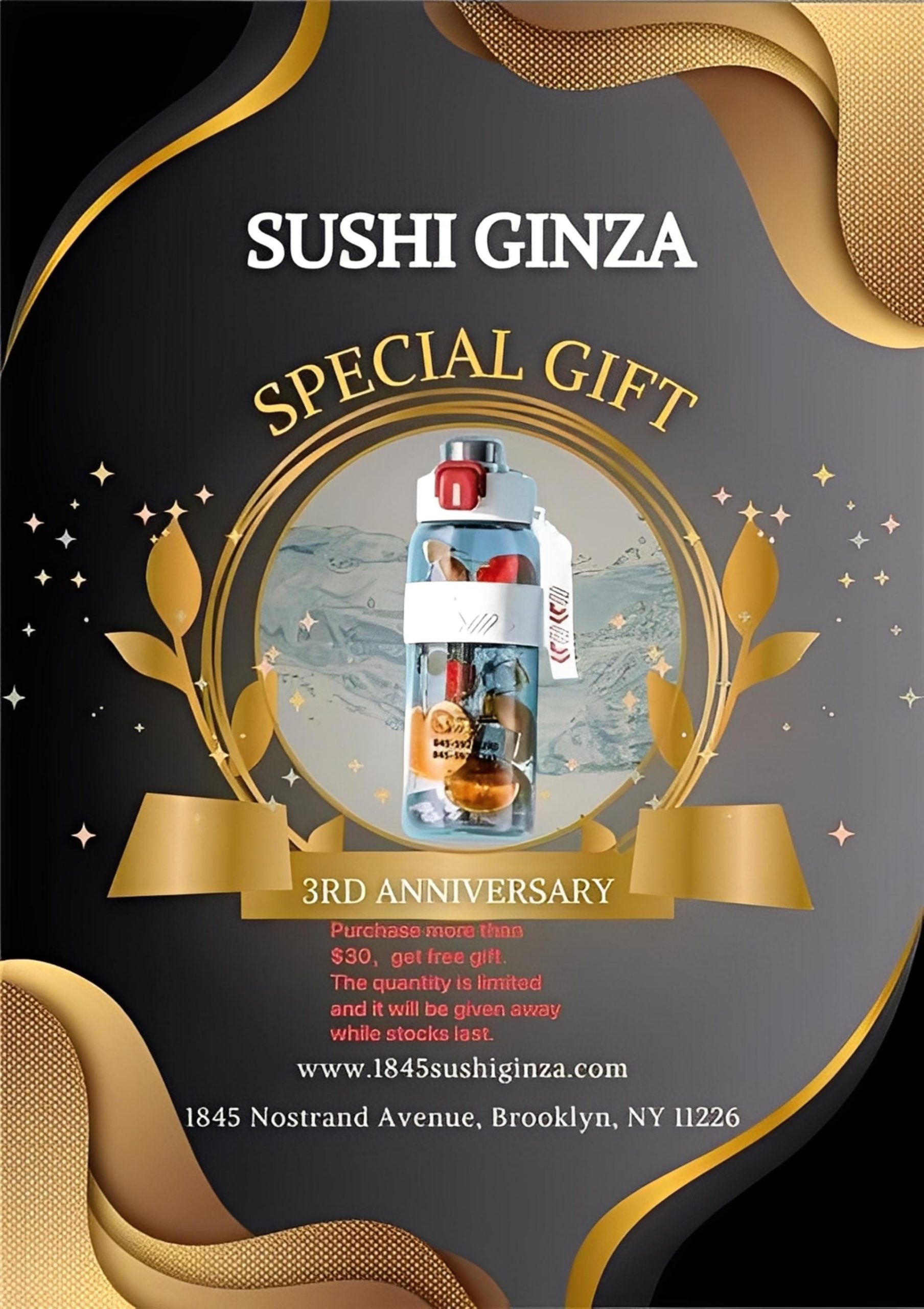 Sushi Ginza celebrates 3rd anniversary: spend $30, get free gift. Limited quantity, while supplies last.