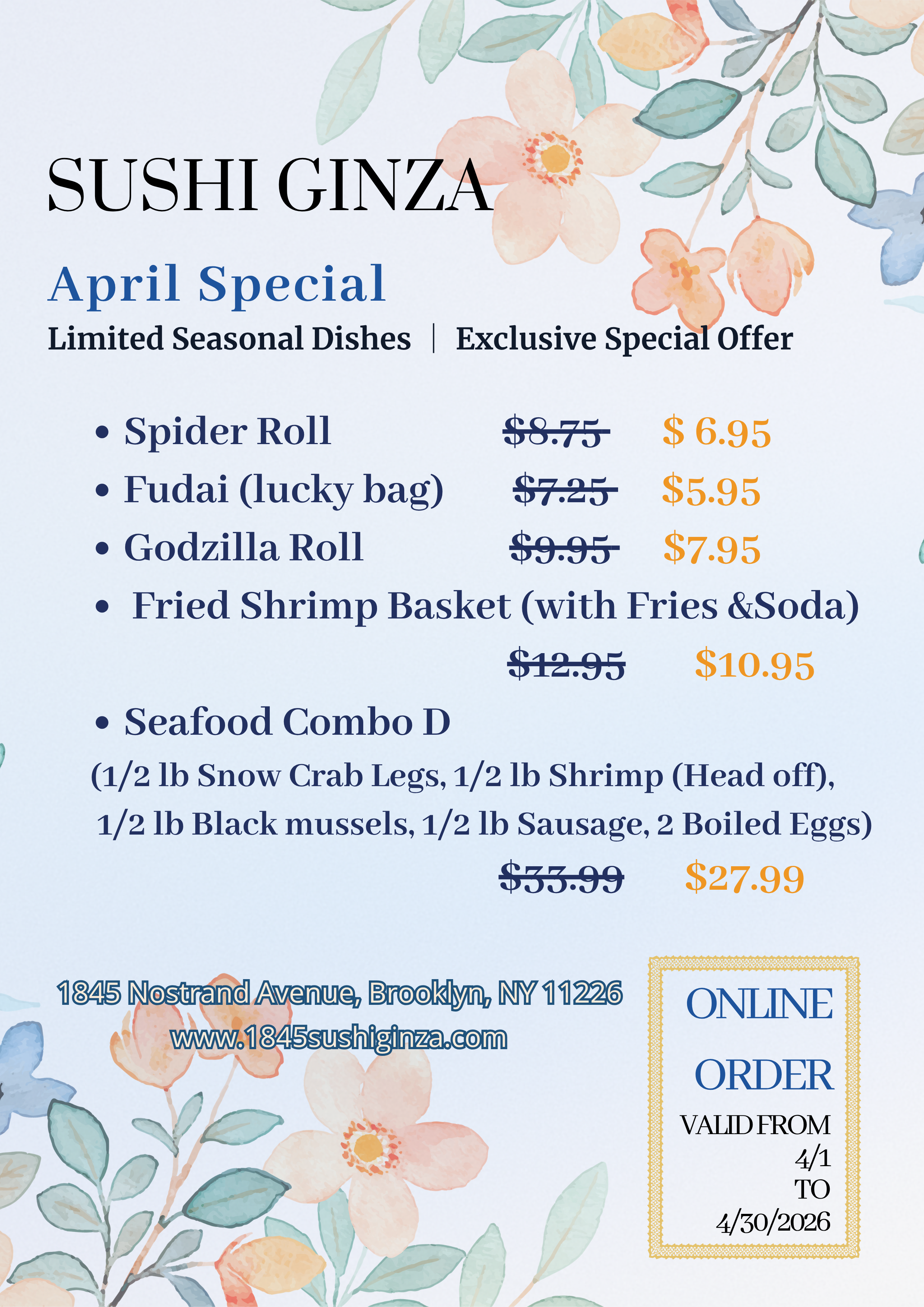 Sushi Ginza April Special menu with discounted sushi rolls and seafood combo, valid 4/1 to 4/30/2026 at Brooklyn location.