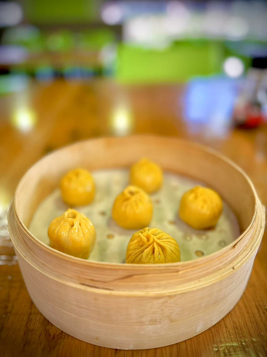 Crab roe xiaolongbao in a steamer at 18 Dough，a Chinese Restaurant in Las Vegas