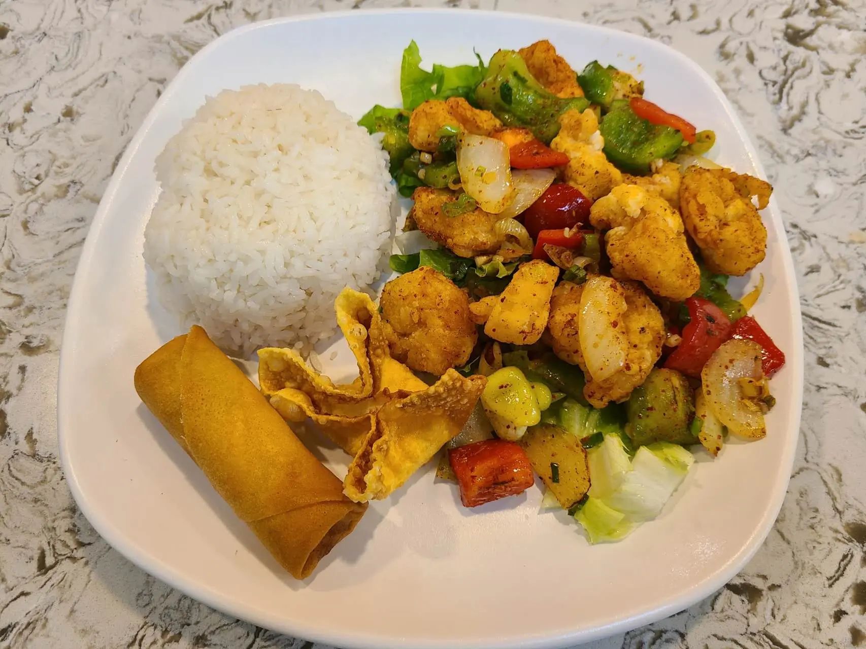 Spicy salted chicken combo with rice and spring roll at 1st Dumpling N Noodle, a Chinese Restaurant in CA