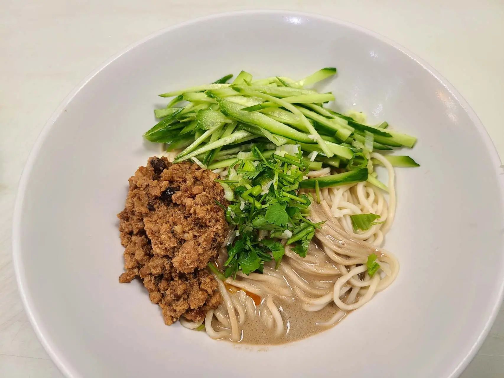 Noodles with sesame sauce, minced pork and cucumber strips at 1st Dumpling N Noodle, a Chinese Restaurant in CA