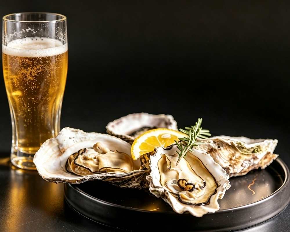 Fresh oysters with lemon and rosemary paired with cold beer at 21 Raw Bar Taphouse & Grill，a Seafood Restaurant in Greenville