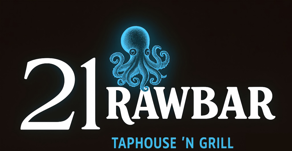 Restaurant logo with glowing blue octopus graphic at 21 Raw Bar Taphouse & Grill，a Seafood Restaurant in Greenville