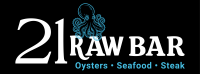 Logo with number 21, octopus icon, text about oysters seafood steak