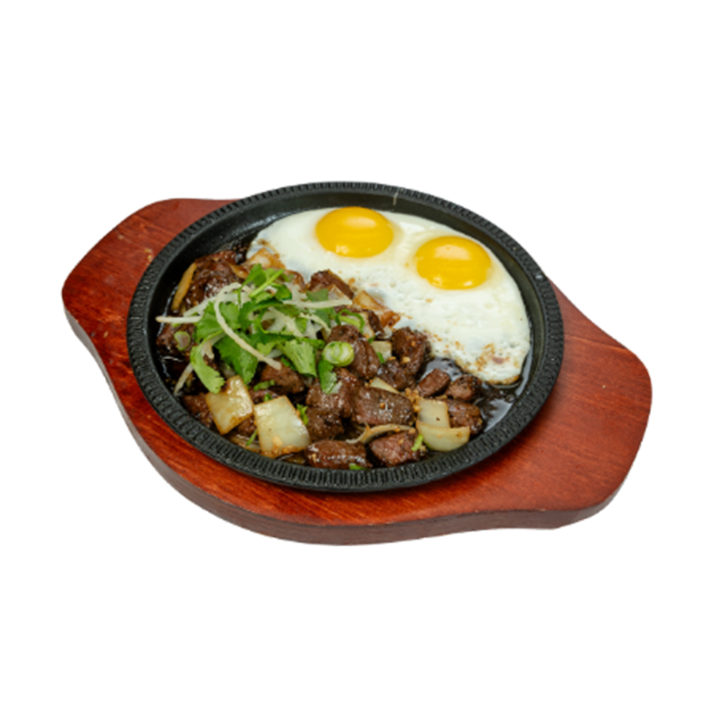 Sizzling beef steak with onions and sunny side eggs served on hot iron plate with rice or bread at 26 Viet Cafe, a Vietnamese Restaurant in Pasadena