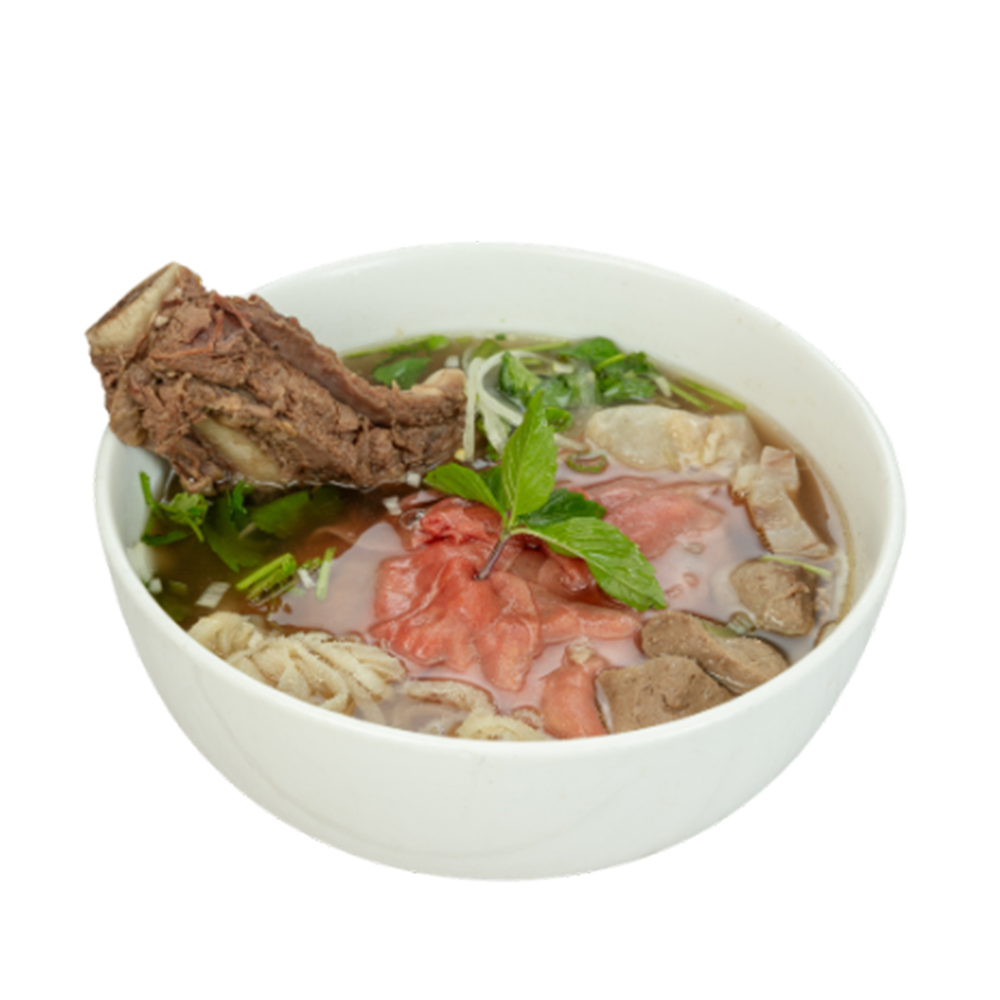 Vietnamese pho special beef noodle soup with rare beef, brisket, meatballs, beef tripe, beef tendon, beef rib, and fresh herbs at 26 Viet Cafe, a Vietnamese Restaurant in Pasadena