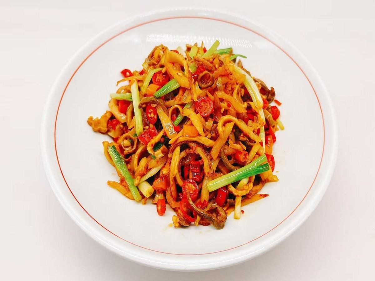 Stir - fried pork tripe with pickled radish at 28° North Old Changsha, a Chinese Restaurant in Rowland Heights.