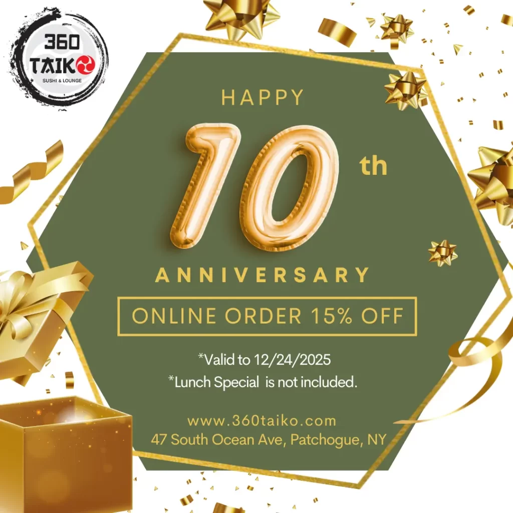 Promotion for 360 Taiko's 10th anniversary with 15% off online orders, valid until 12/24/2025