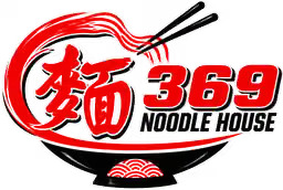 Logo for 369 Noodle House, red Chinese character "noodles", number 369, text NOODLE HOUSE, black noodle bowl and chopstick illustration on white background