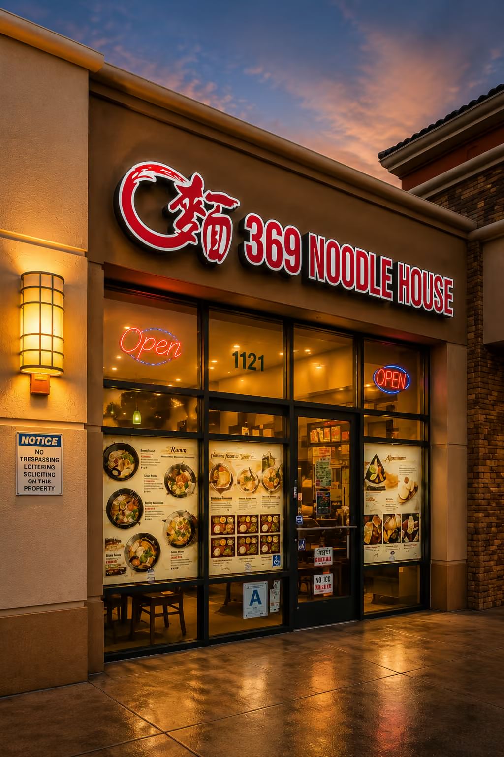 Exterior shot of 369 Noodle House at sunset, illuminated red sign, menu posters on glass windows, neon Open sign, polished pavement
