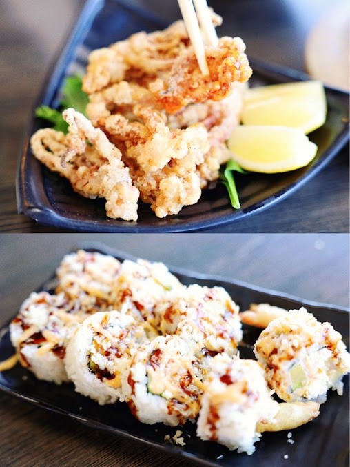 Two plates of Japanese appetizers: top plate crispy fried calamari with lemon wedges; bottom plate crunchy tempura sushi rolls drizzled with sweet sauce.