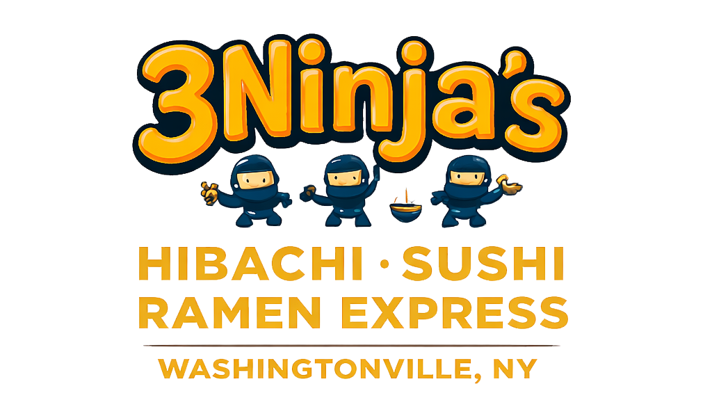 Logo of a restaurant named "3 Ninjas" featuring cartoon ninjas and text