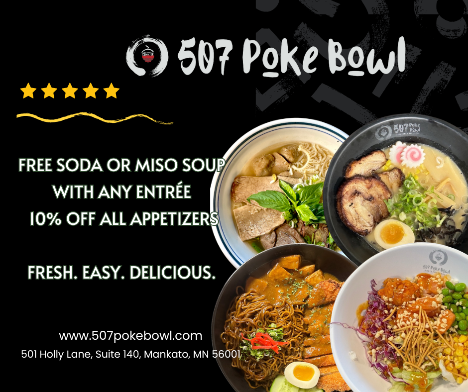 Free soda or miso soup with any entrée 10% off all appetizers