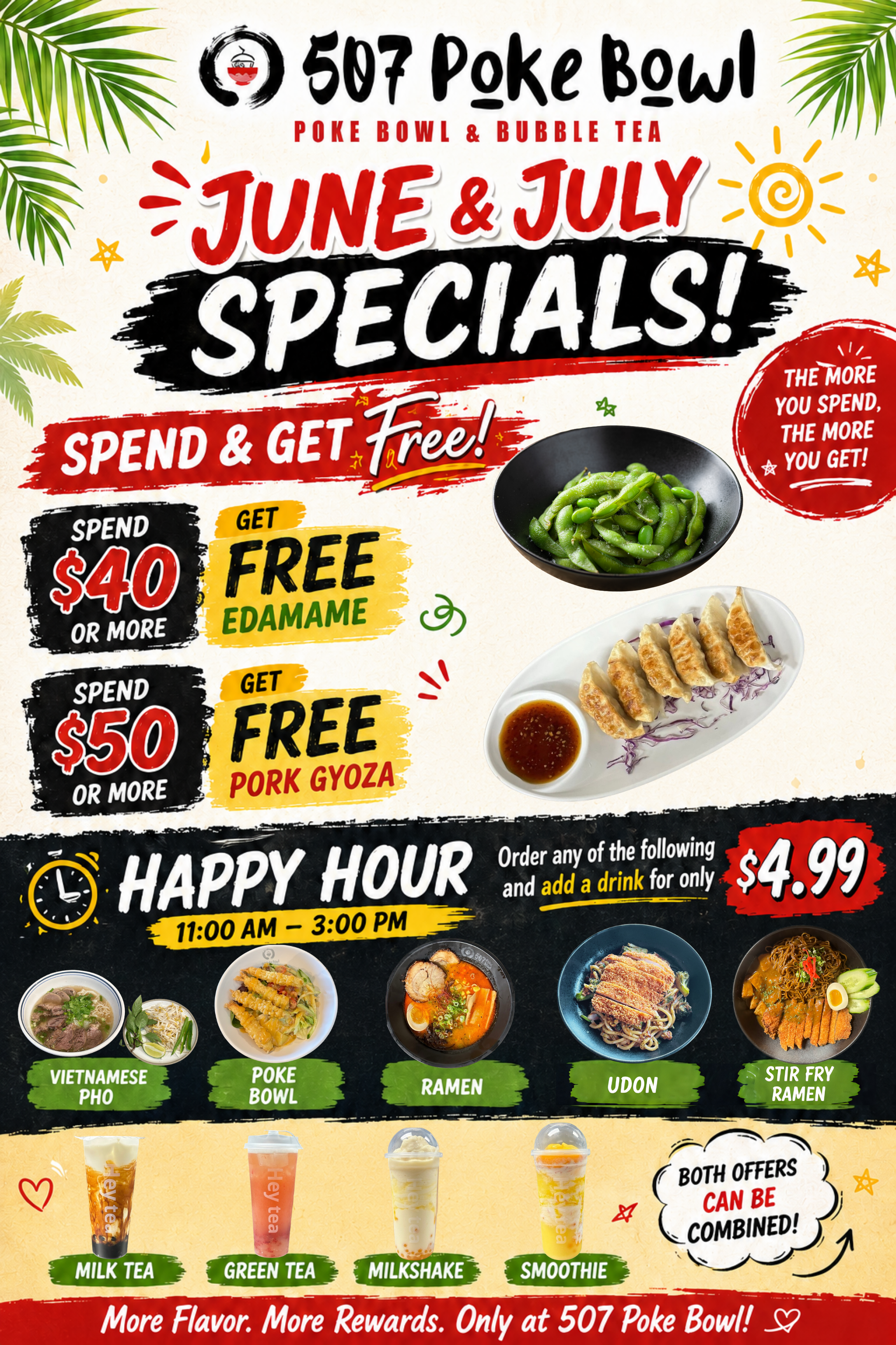 Promotional flyer for Poke Bowl & Bubble Tea: 