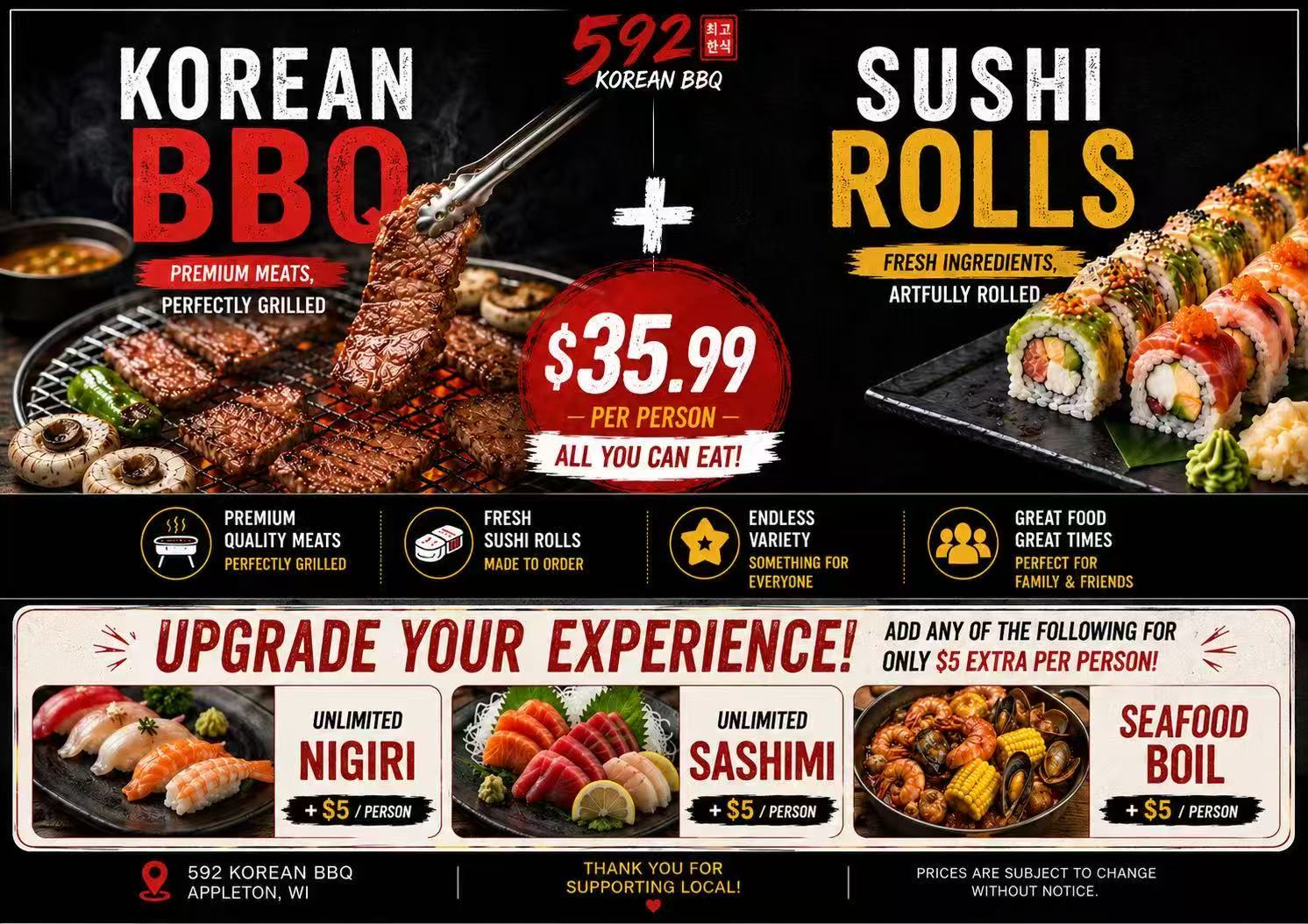 Promotional banner for all‑you‑can‑eat Korean BBQ and sushi rolls special offer at 592 Korean BBQ, an Asian Fusion Restaurant in Appleton