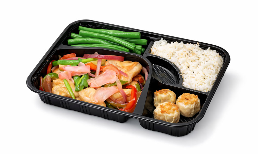 Black takeout bento with chicken stir-fry rice green beans shumai at 5PM MOMENTS, an Asian Fusion Bento restaurant in New Port Richry