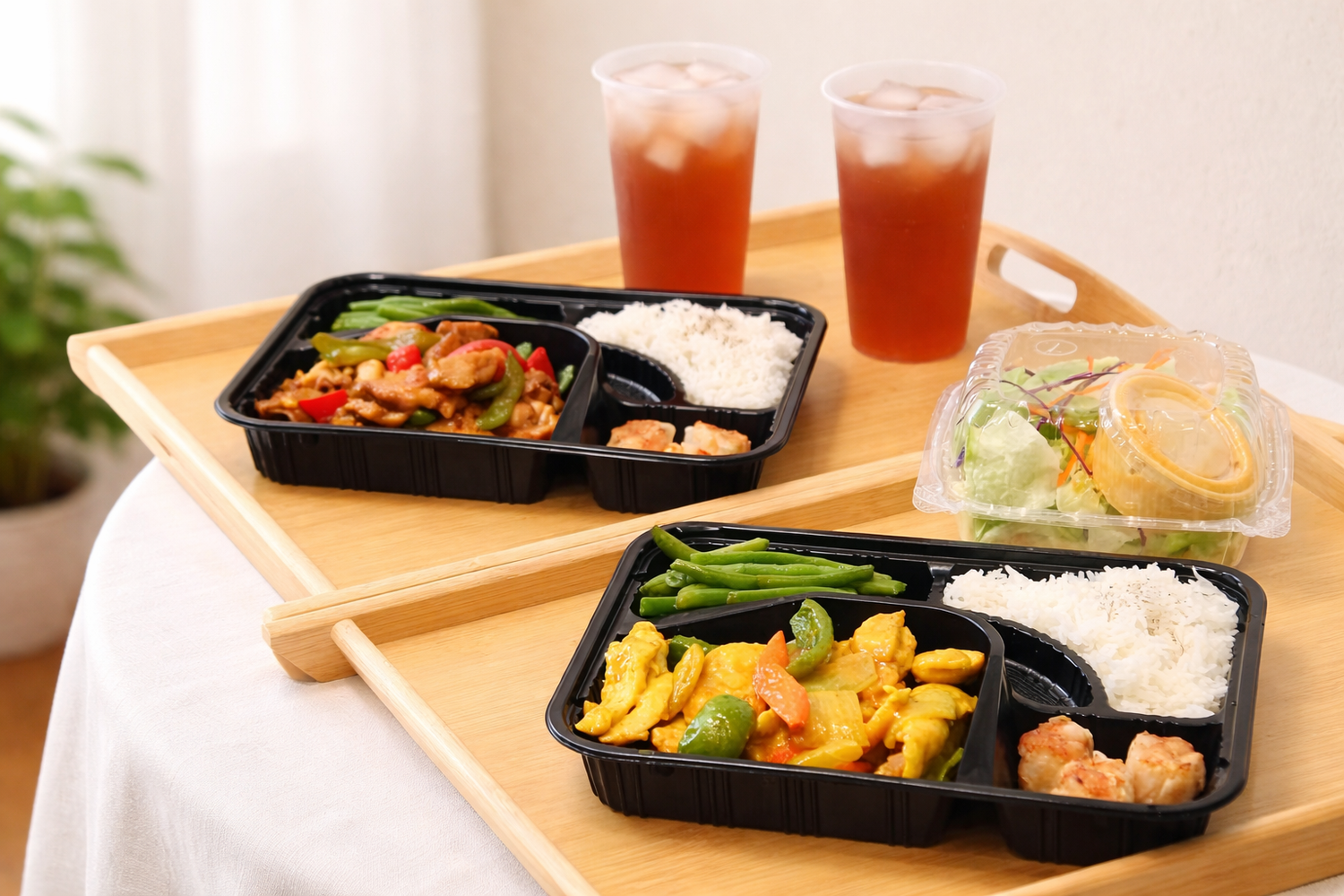 Two bentos, iced tea, and salad on a wooden tray at 5PM MOMENTS, a Asian Fusion Bento restaurant in New Port Richry