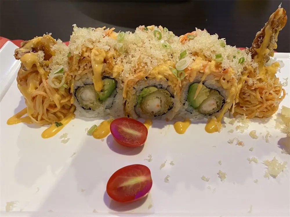 Crispy shrimp sushi roll with toppings at E Sushi & Grill, a Japanese Restaurant in Apollo Beach