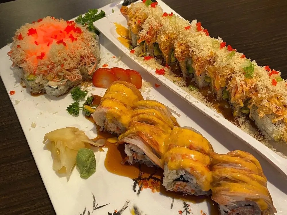 Crunchy sushi rolls with toppings at E Sushi & Grill, a Japanese Restaurant in Apollo Beach