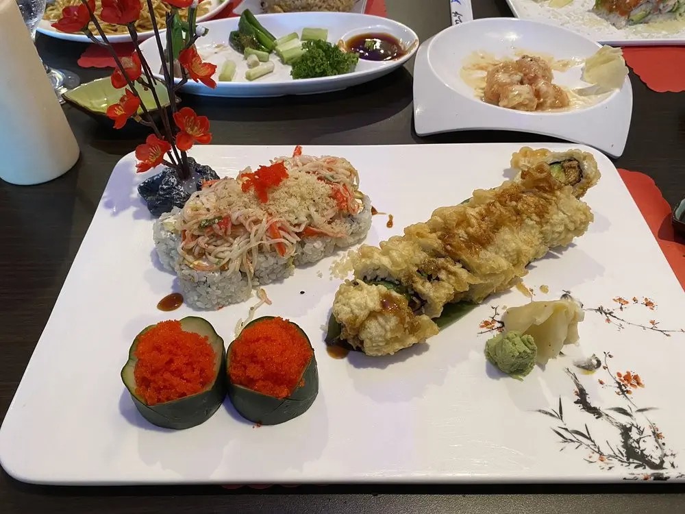 Cucumber tobiko sushi and fried roll at E Sushi & Grill, a Japanese Restaurant in Apollo Beach