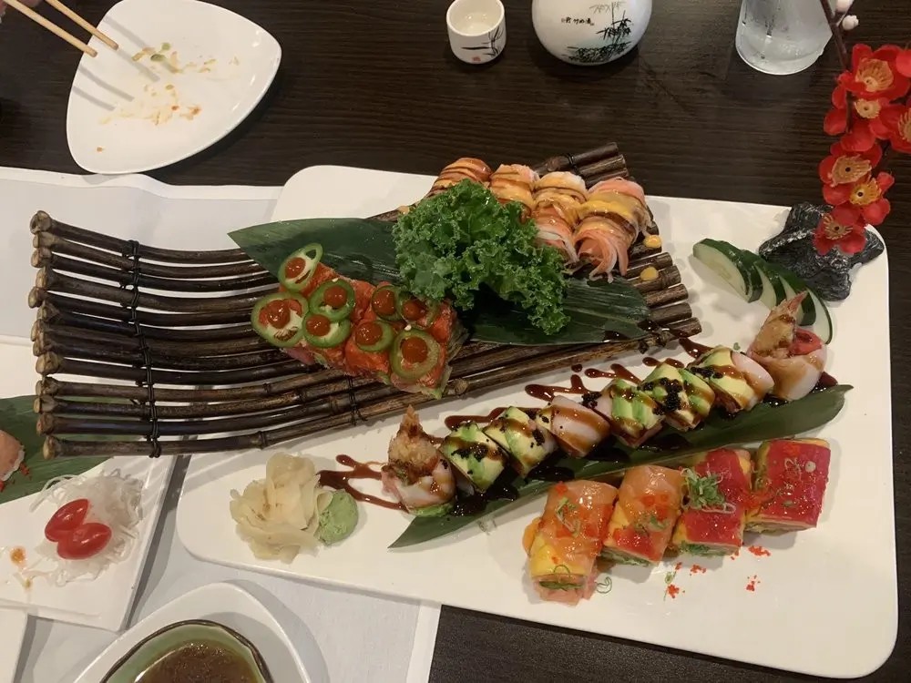 Assorted sushi varieties with garnishes at E Sushi & Grill, a Japanese Restaurant in Apollo Beach