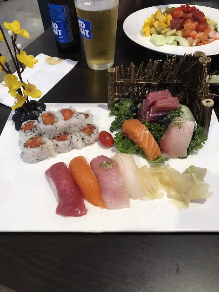 Sushi and sashimi combo with garnishes at E Sushi & Grill, a Japanese Restaurant in Apollo Beach