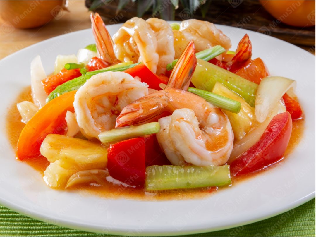 Sweet and sour shrimp stir-fried with pineapple, tomatoes and veggies at Chinese Wok, a Chinese Restaurant in Seymour Sweet and sour shrimp stir-fried with pineapple, tomatoes and veggies at Chinese Wok, a Chinese Restaurant in Seymour