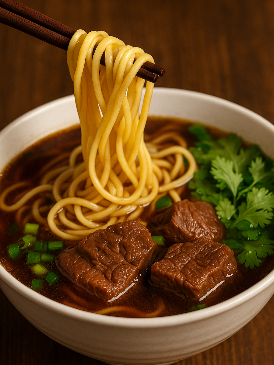Braised Beef Noodle Soup, with tender beef chunks and noodles in a rich broth, garnished with greens at Seven Folding Dumpling House，a Chinese Restaurant in Mission Viejo