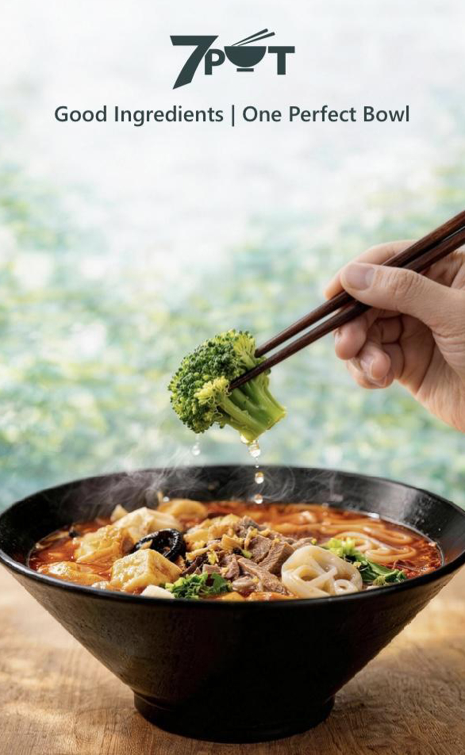 Spicy bone broth bowl with broccoli and tofu at 7 POT, a Modern Asian Fast-Casual Restaurant in Covina