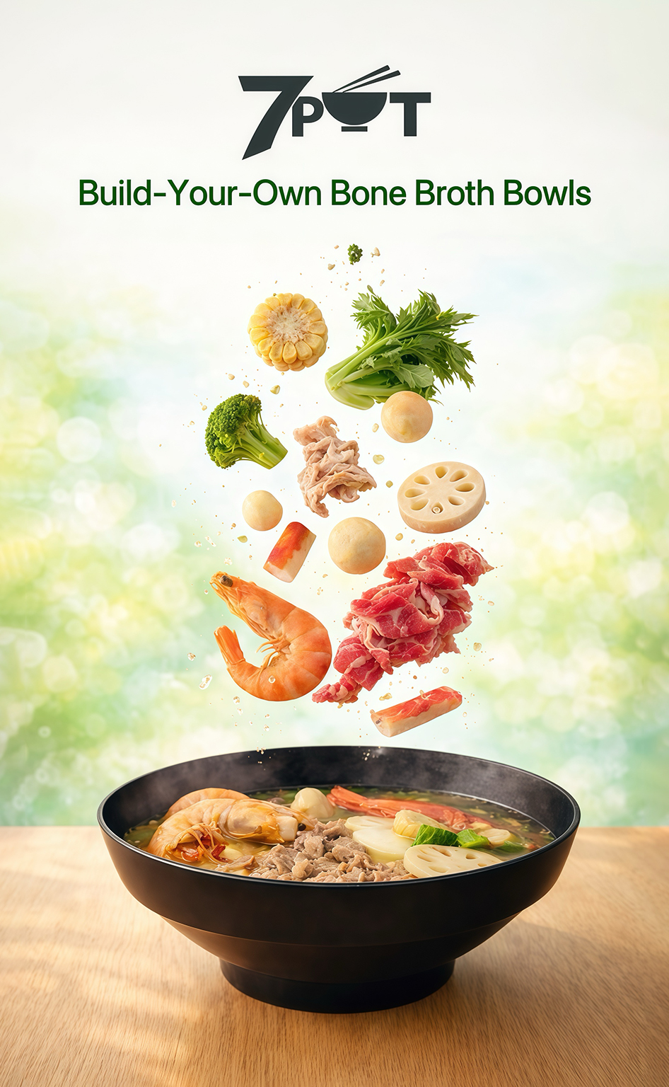 Fresh ingredients floating into bone broth bowl at 7 POT, a Modern Asian Fast-Casual Restaurant in Covina