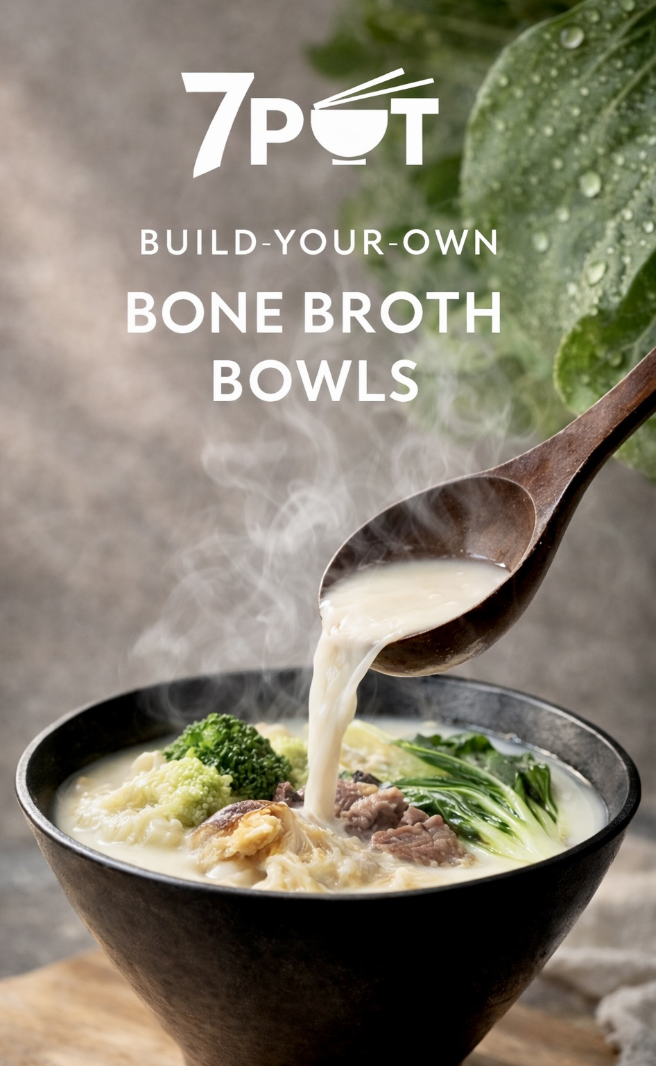 Steaming bone broth with meat and vegetables at 7 POT, a Modern Asian Fast-Casual Restaurant in Covina