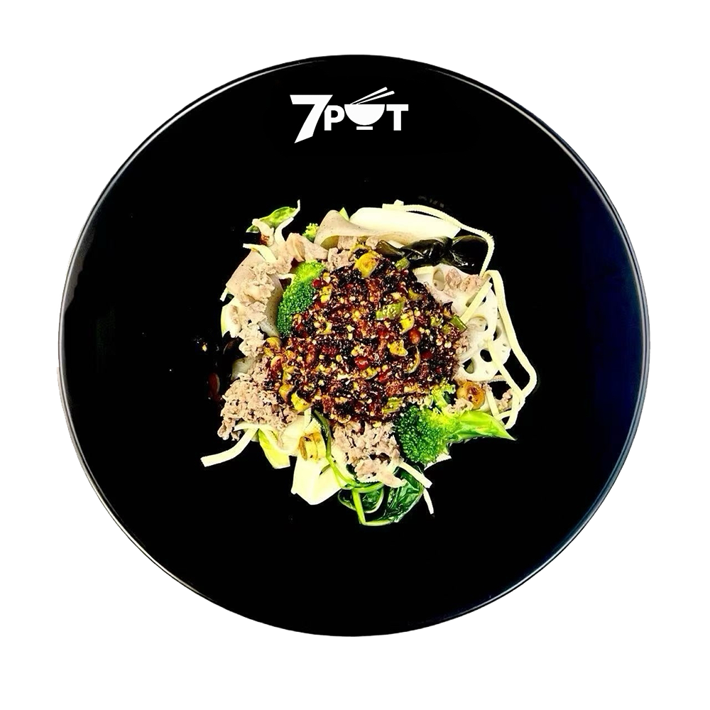 Black bowl with mixed vegetables and meat at 7 POT, a Modern Asian Fast-Casual Restaurant in Covina