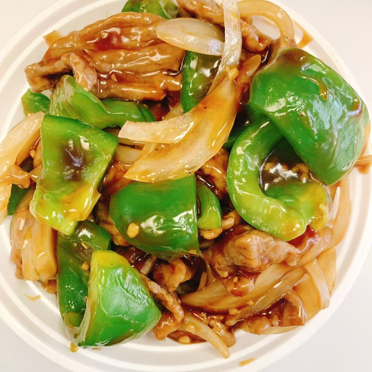 No.1-Chinese-Food-Chinese-Restaurant-Pepper-Steak-W.onions-Jackson Beef and peppers with onions in sauce at No.1 Chinese Food, a Chinese Restaurant in Jackson.