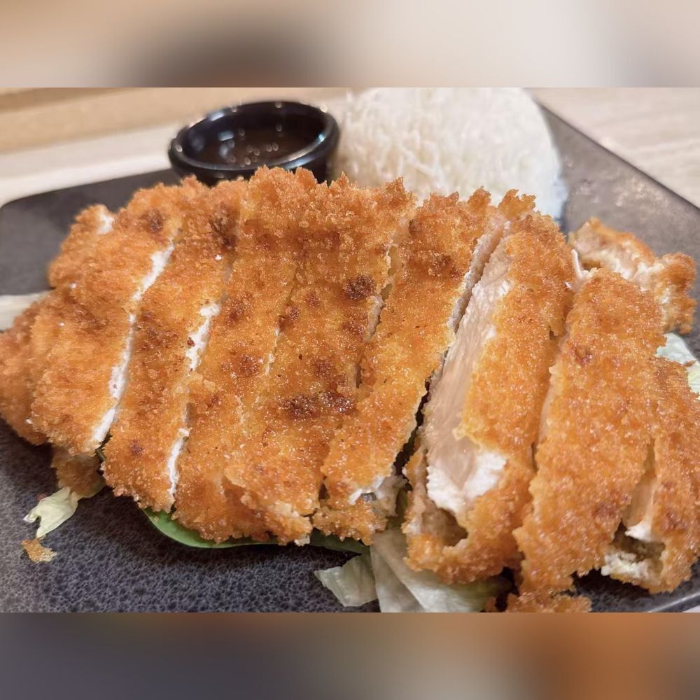 85-Asian-Fusion-Asian-Restaurant-Chicken-Katsu-Choctaw Crispy chicken katsu with rice and sauce at 85 Asian Fusion, a Asian Restaurant in Choctaw.