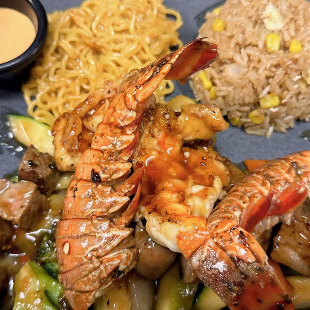 85-Asian-Fusion-Asian-Restaurant-Lobster-Surf-and-Turf-Combo-Choctaw Lobster, steak, noodles, and fried rice at 85 Asian Fusion, a Asian Restaurant in Choctaw.