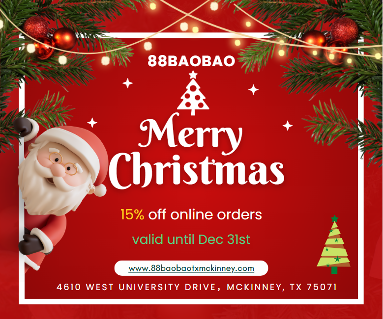 88BAOBAO Christmas promotion: 15% off online orders until Dec 31st. Festive red background with Santa Claus and Christmas tree decorations