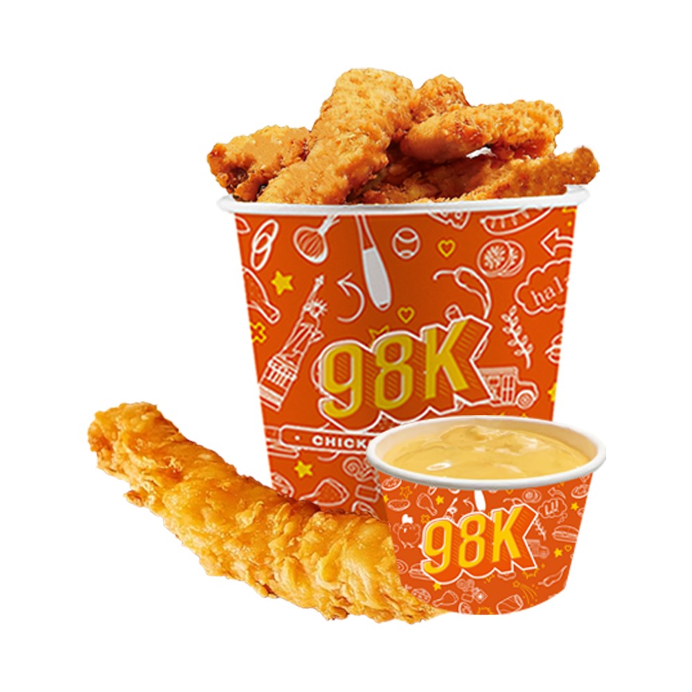 Fried chicken tenders bucket with cheese dipping sauce at 98k, a Fried Chicken & Sandwich Shop in NY