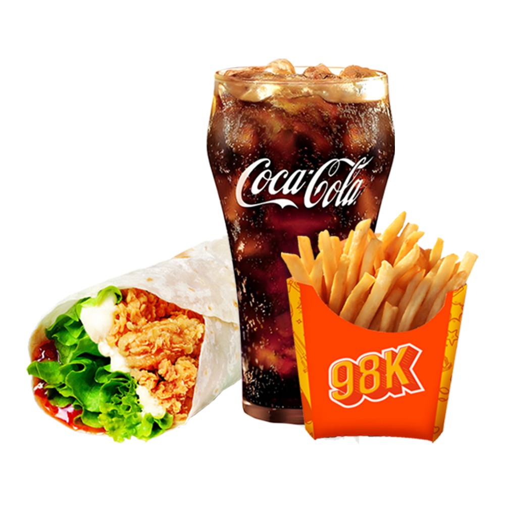 Chicken wrap combo meal with fries and Coca-Cola at 98k, a Fried Chicken & Sandwich Shop in NY