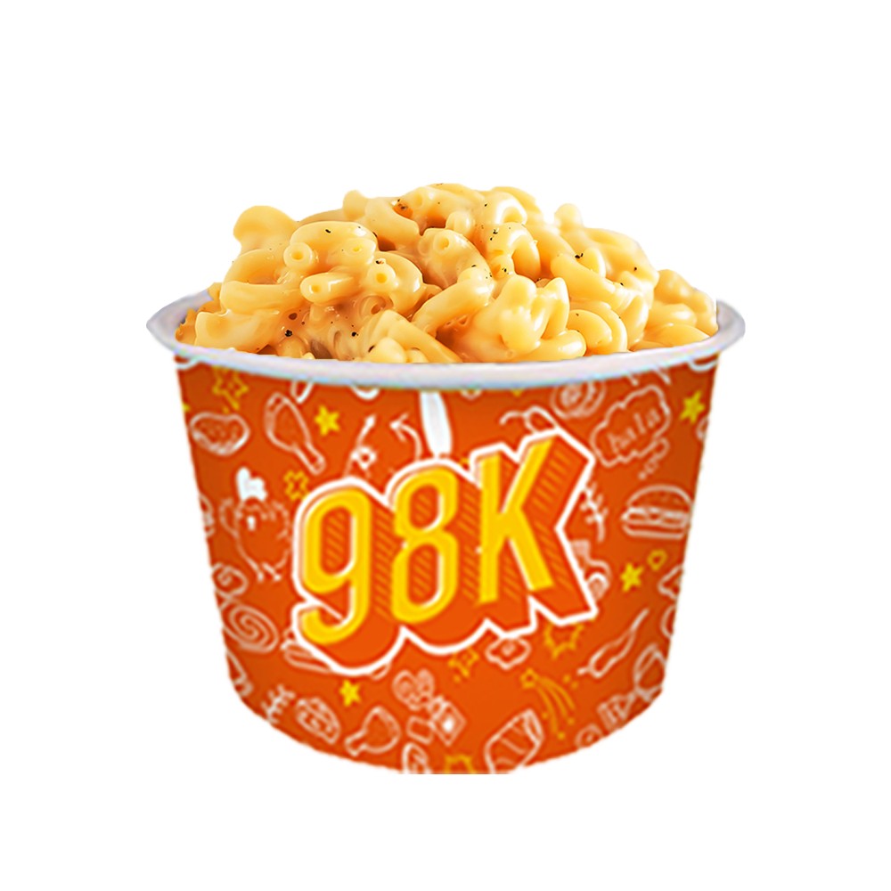 Creamy mac and cheese in a branded paper cup at 98k, a Fried Chicken & Sandwich Shop in NY