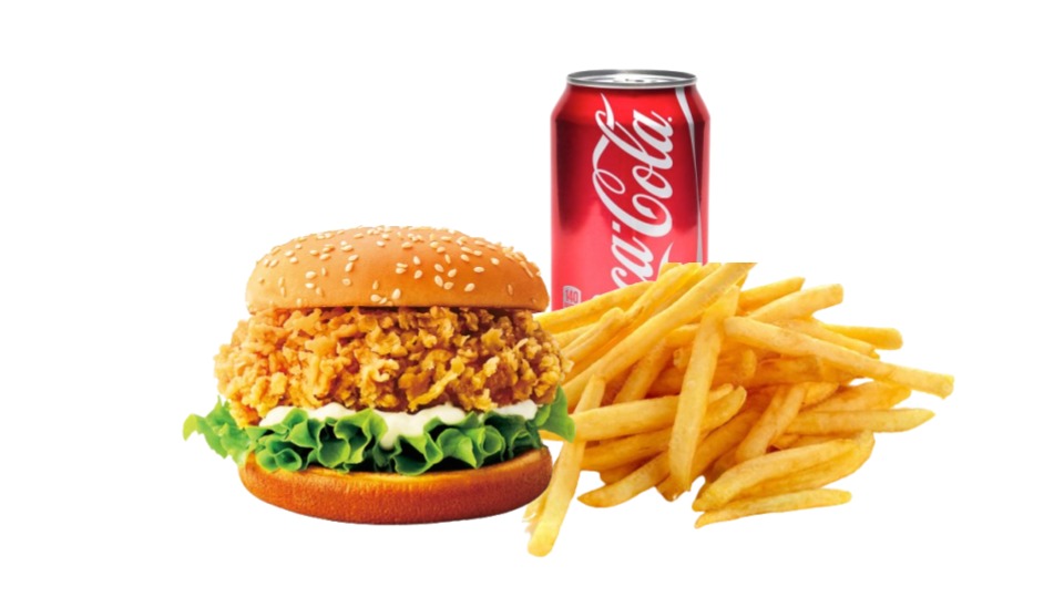 Crispy chicken sandwich combo with fries and Coca-Cola