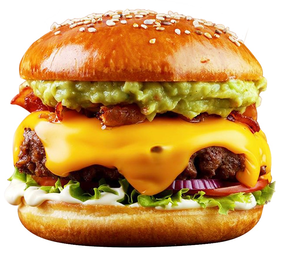 Cheeseburger with guacamole, bacon, lettuce, and tomato