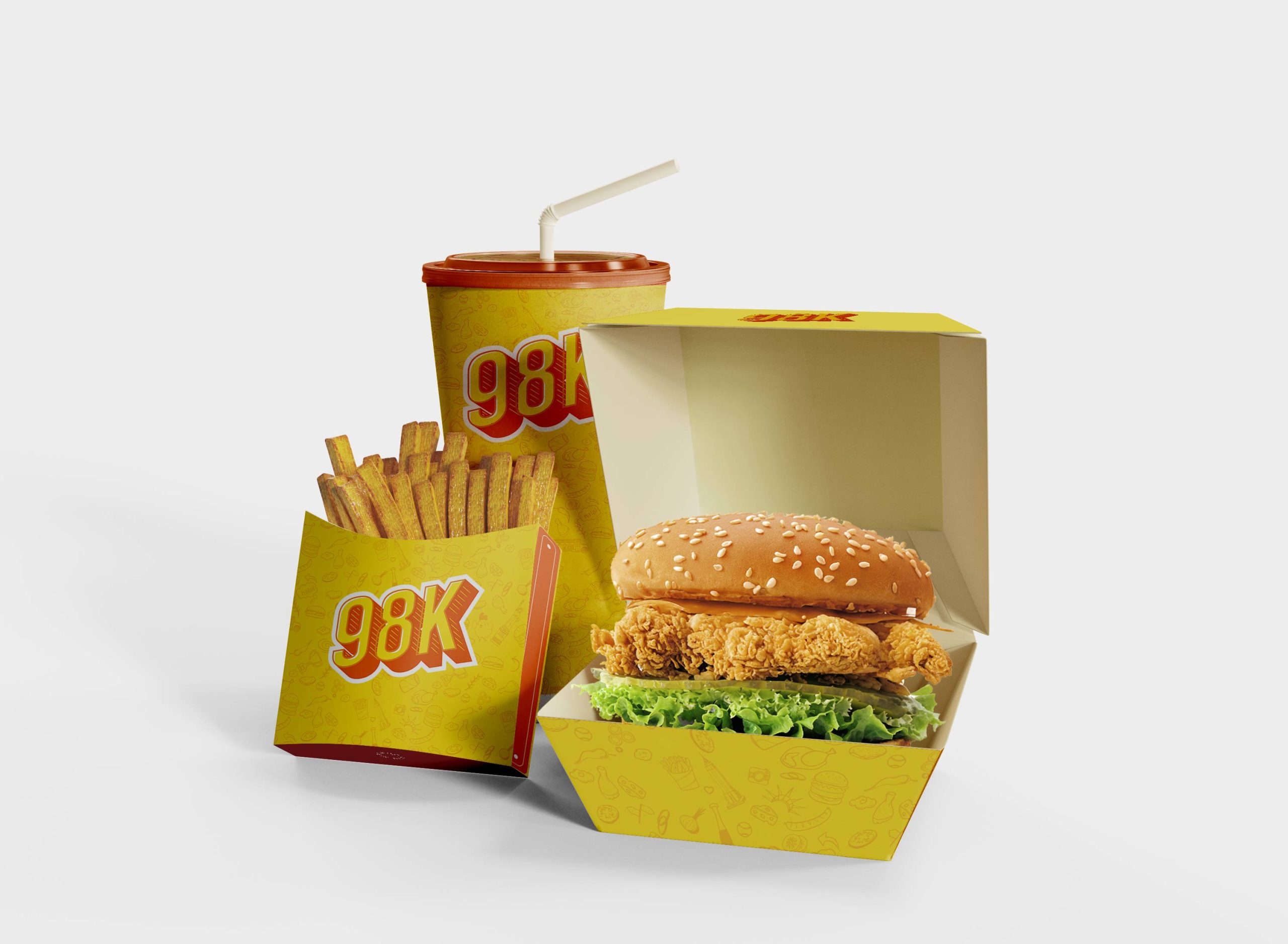 98K branded combo with burger, fries and drink at 98K, an Asian‑Fusion Fried Chicken & Sandwich Shop in Staten Island