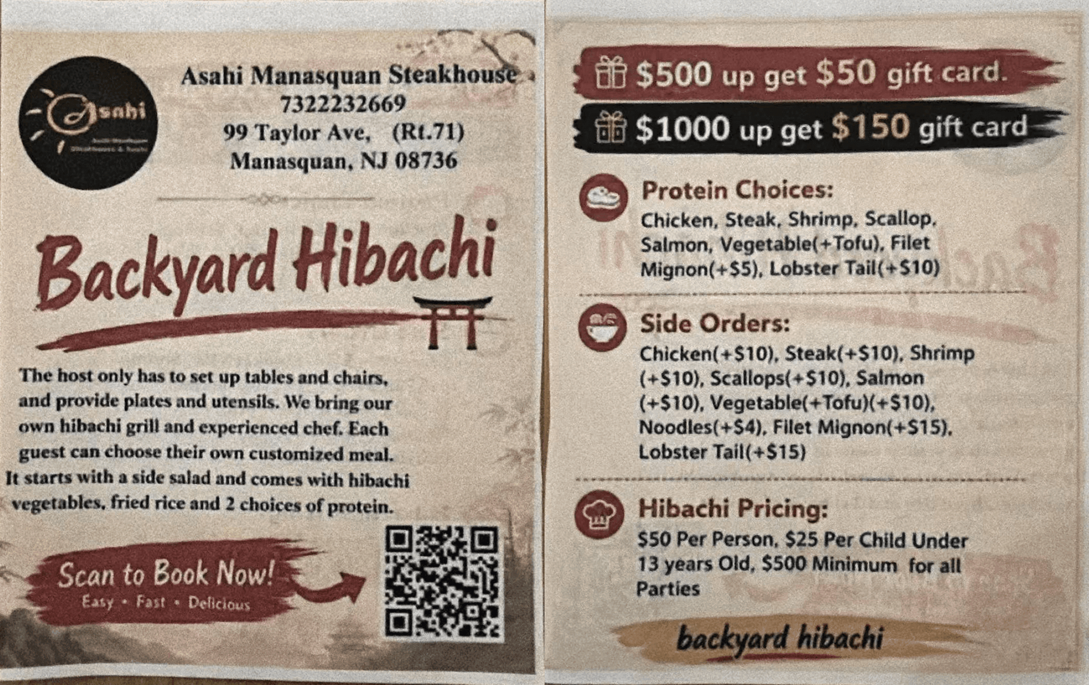 Backyard Hibachi catering flyer for Asahi Manasquan Steakhouse, listing menus, pricing, party minimums, and booking QR code.