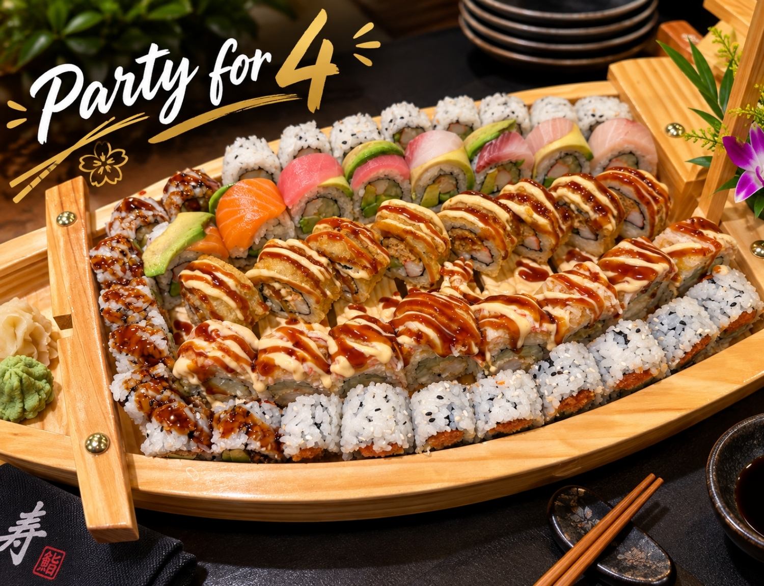 Assorted sushi platter for four people on wooden boat tray