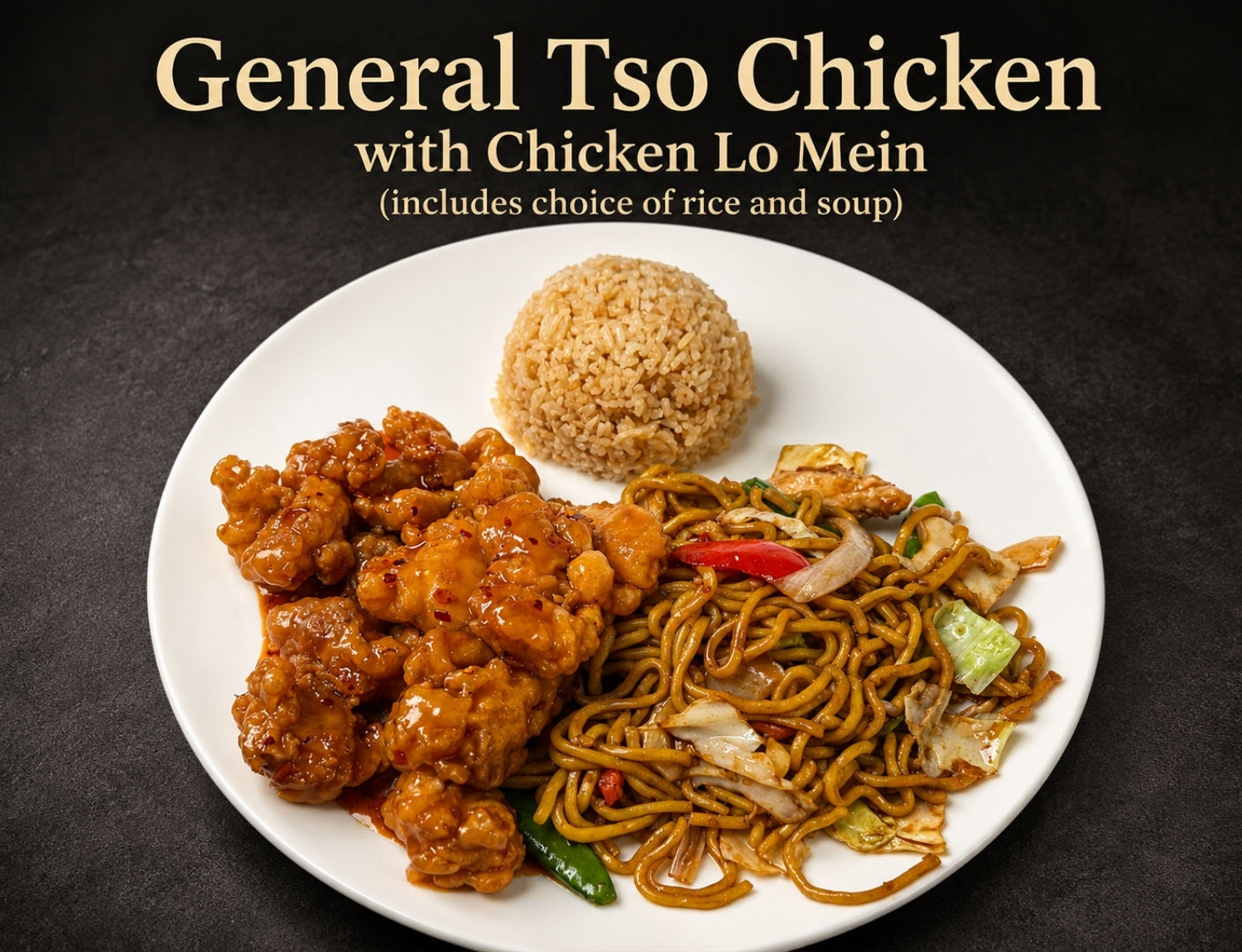 General Tso chicken combo with chicken lo mein and fried rice.