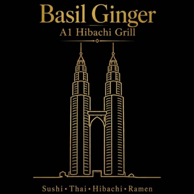 Golden restaurant logo with twin tower line art on black background